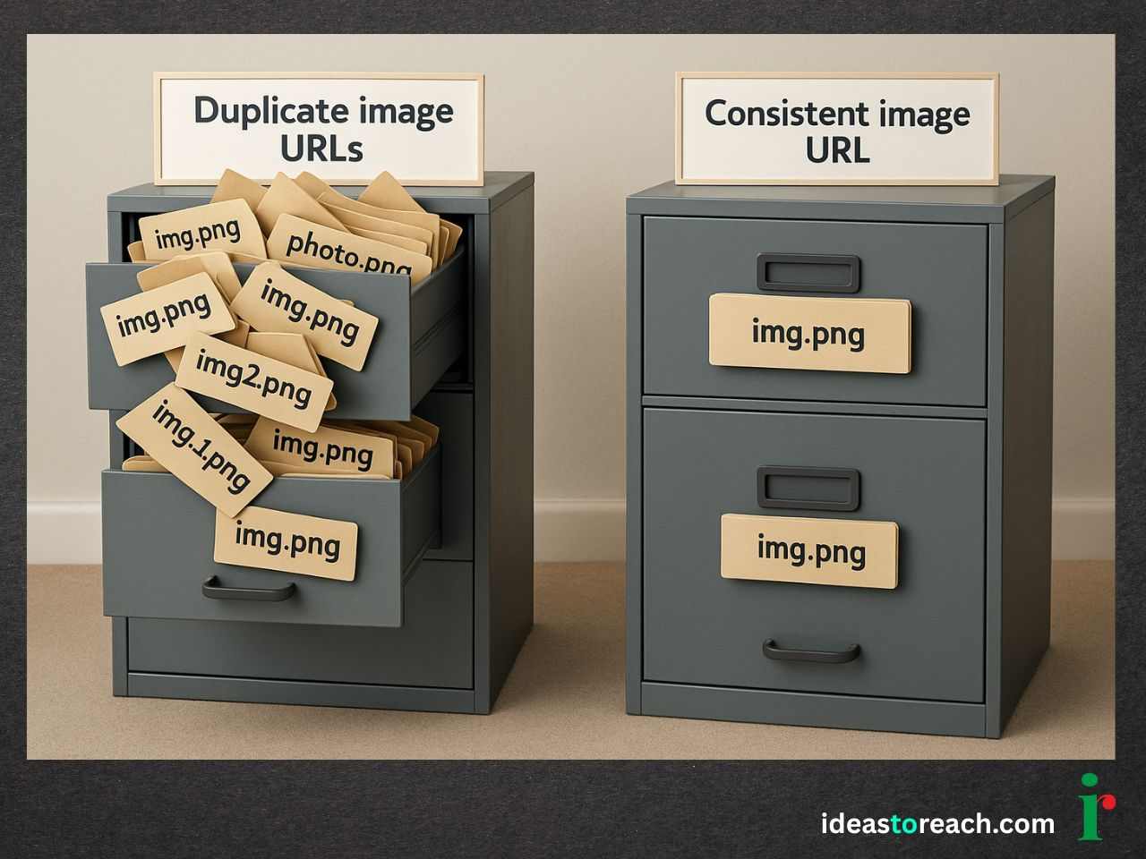 Google Image SEO example by ideastoreach.com: messy cabinet with duplicate URLs vs. organized cabinet with one consistent URL